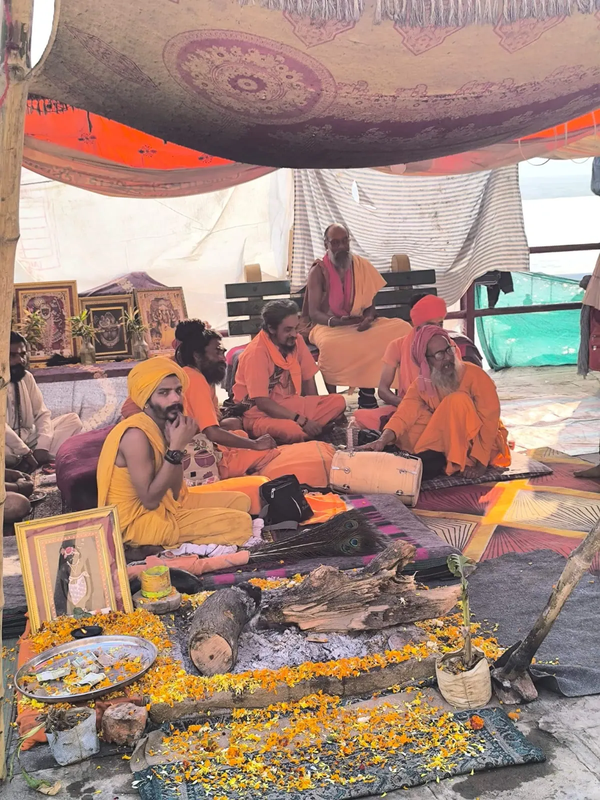 Sadhu seduti sotto una tenda, davanti a un altare di fiori arancioni e immagini sacre
