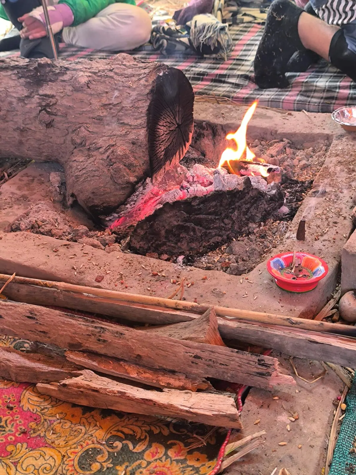 Il dhuni, il fuoco sacro dei sadhu, acceso fra ceppi di legno