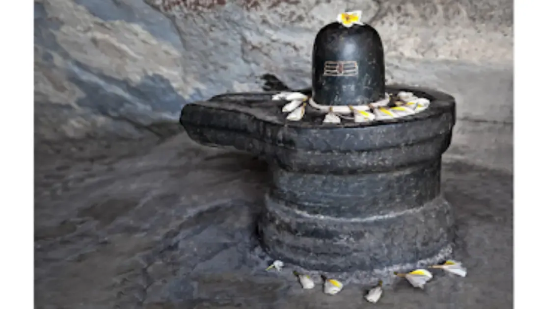 Un lingam di pietra nera ornato di fiori bianchi, dentro una grotta