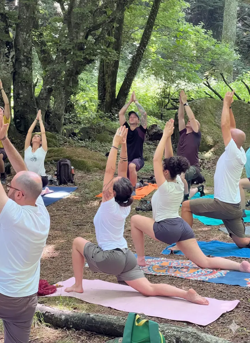 Il gruppo pratica yoga nel bosco, sui tappetini stesi fra gli alberi, con le braccia alzate al cielo