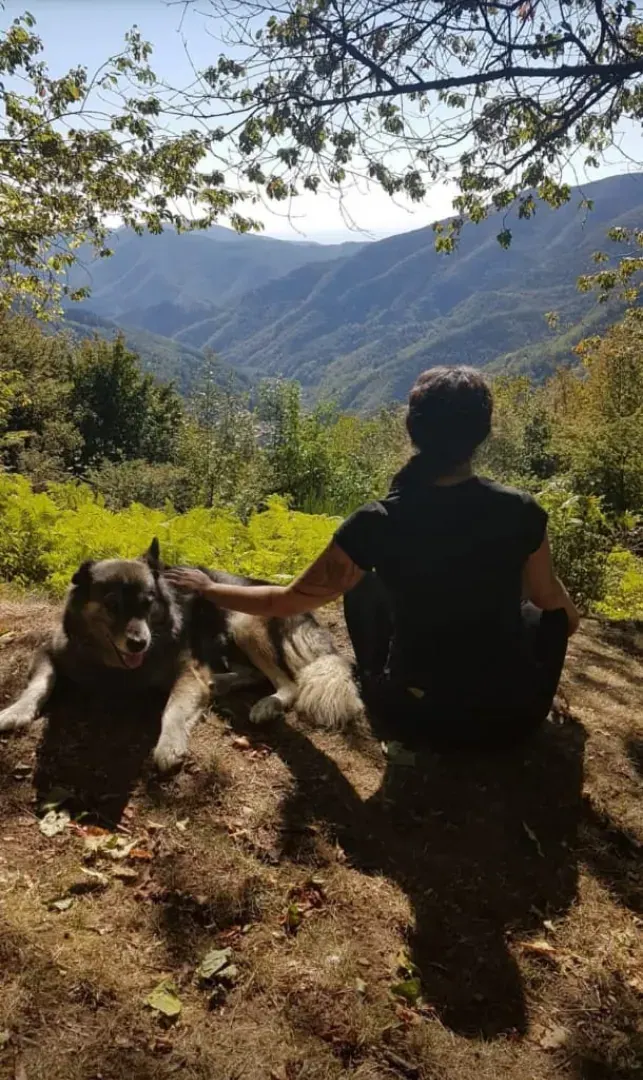 Una persona seduta con il suo cane davanti alla valle e ai monti